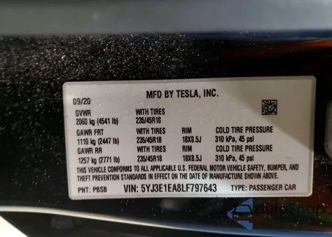 2020 Tesla Model 3 from USA, damaged, VIN 5YJ3E1EA8LF797643